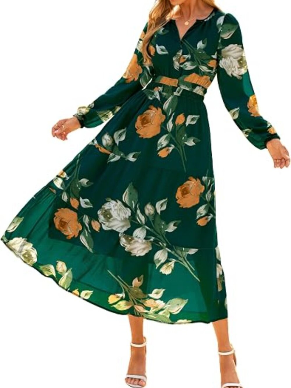 Women's Floral Boho Long Sleeve Maxi Dress V Neck Empire Waist Swing Flowy Weddi